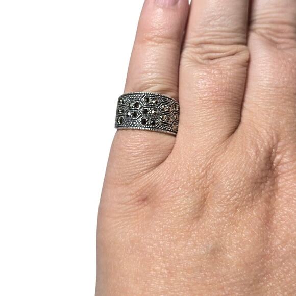 Vintage Art Deco Silver 925 And Marcasite Geometric Design Statement Ring Size 8